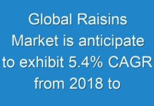 Global Raisins Market is anticipate to exhibit 5.4% CAGR from 2018 to 2026