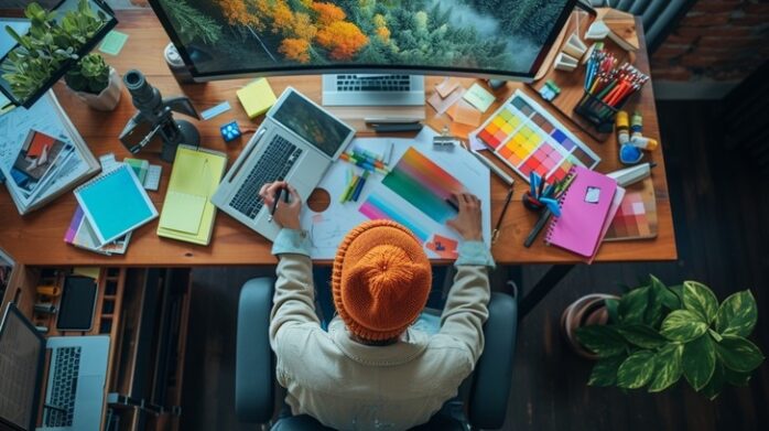 Creative virtual assistant designing graphics and social media content on a colorful workspace